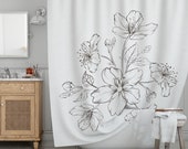 Black and White Shower Curtains, 71x74 in, Shower Curtain Boho, Botanical Line Art, Floral Shower Curtain, Moderm Bathroom