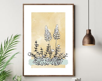 Flower Printable Art,Neutral and Sage Watercolor Botanical Print, Boho Wall Art Flowers, Line Art Black Line Art and Ochre, Above Bed Decor,