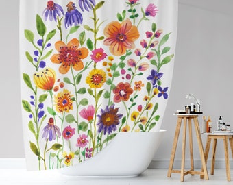 Floral Shower Curtain,  Botanical Bath Curtain, Watercolor Colorful Flowers,