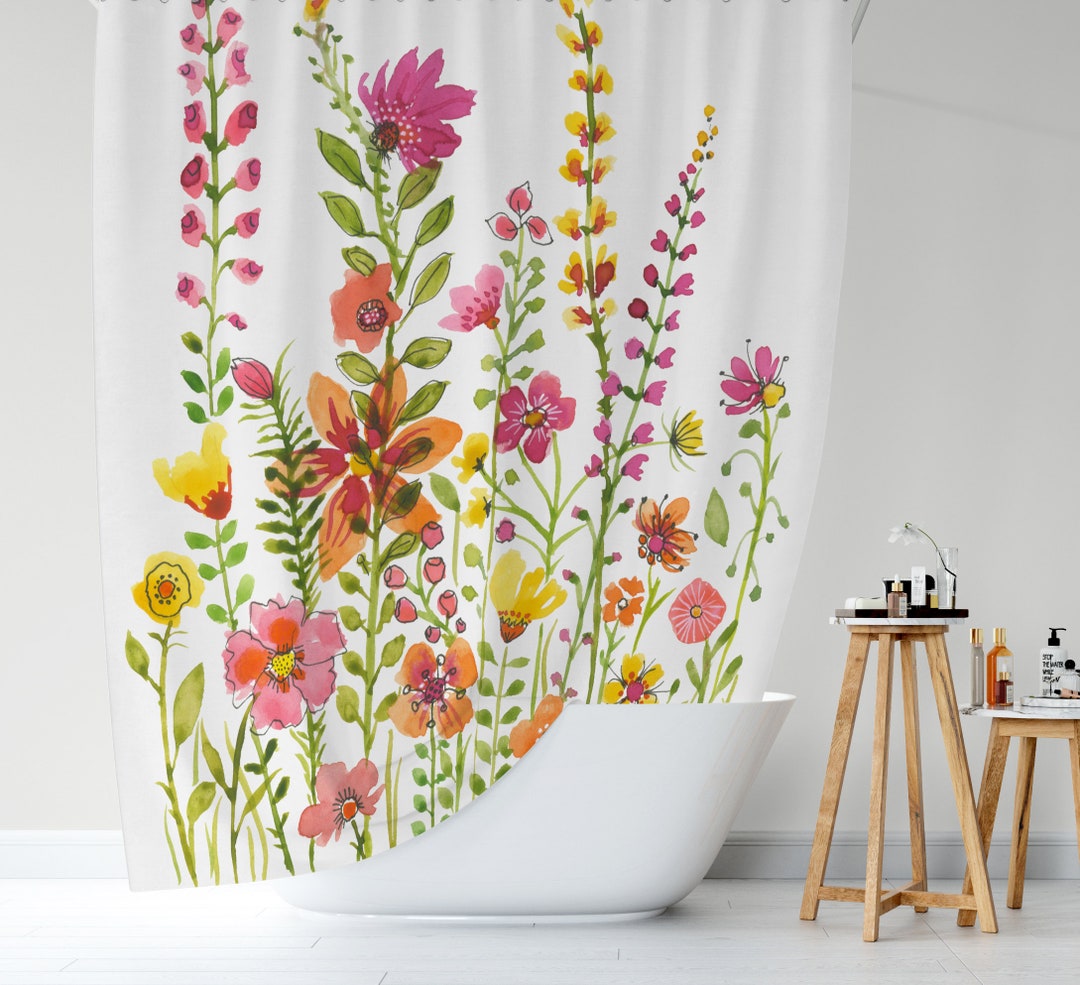 Colorful Floral Shower Curtain, Botanical Bath Curtain, Spring Summer
