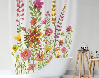 Colorful Floral Shower Curtain,  Botanical Bath Curtain, Spring Summer Watercolor Flowers,