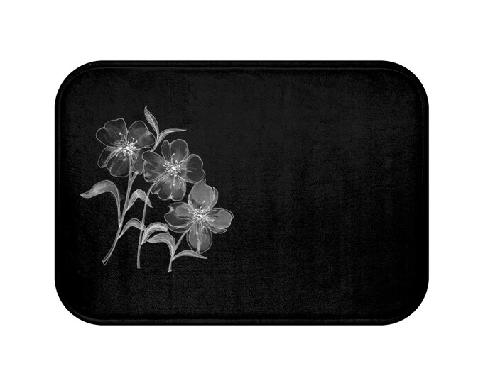 Black & White Floral Bath Mat, White Flowers and Leaves, Delicate and