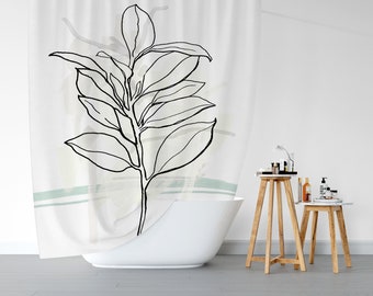 Boho Shower Curtain, Black Line Art Leaves Shower Curtains, 71x74 in, Botanical Shower Curtain, Art Shower Curtain, Guest Bathroom Curtain