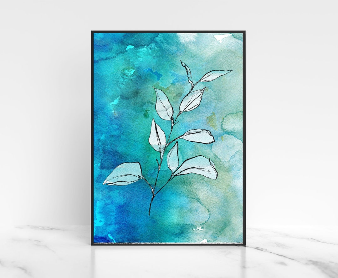 Blue Botanical Leaves Print, Download Printable Art, Abstract Wall Art