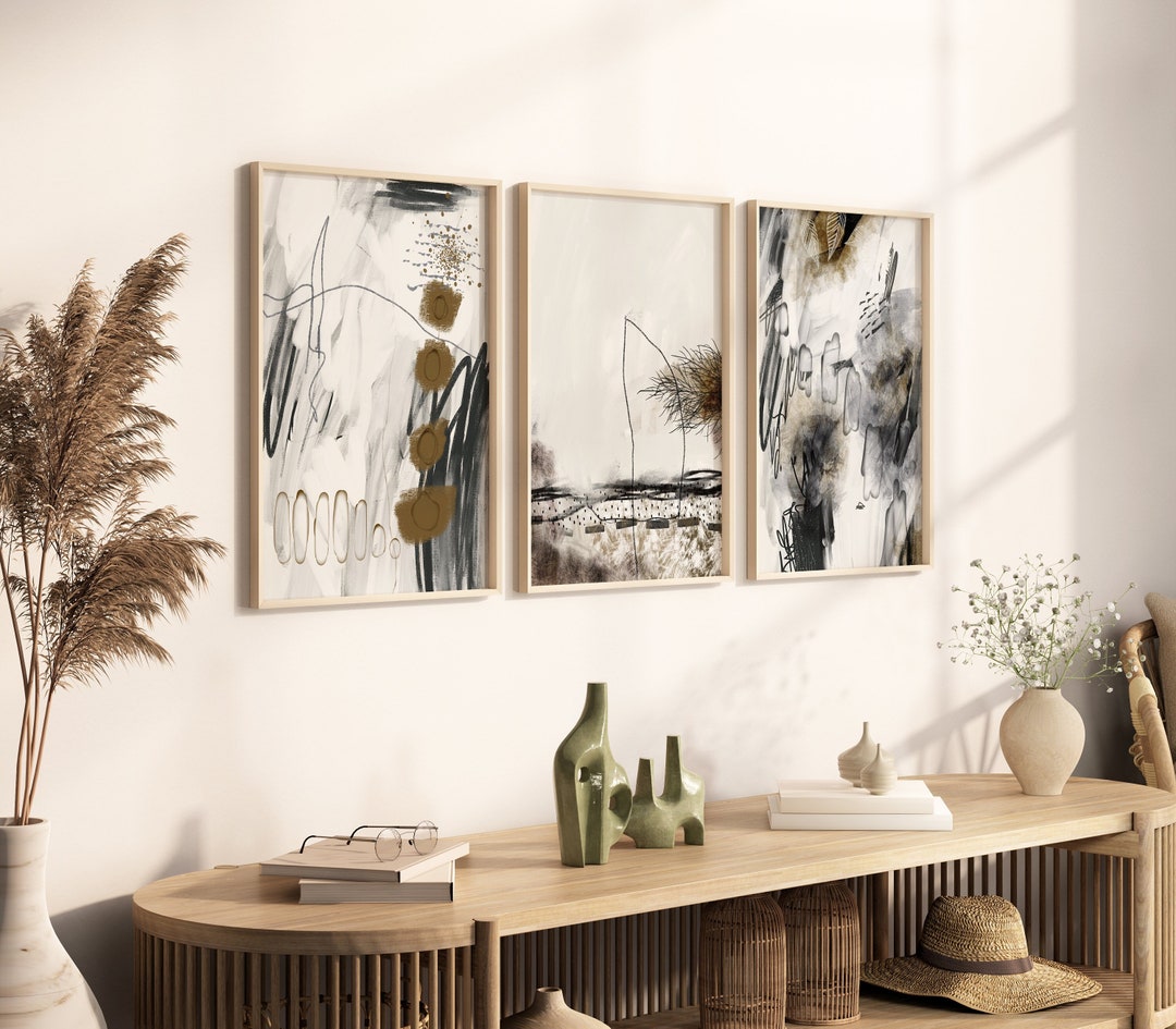 Printable Abstract Painting, Modern Neutral Wall Art Set of 3 Prints