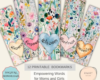 12 Printable Bookmarks , Watercolor Flowers With Empowering Words for Women, Moms, Girls, Gift For Her, Printable Book Accessories