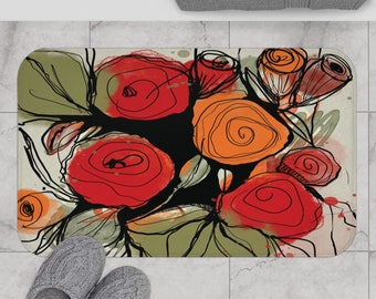 Abstract  Red and Orange floral  Bath Mat and Rug, Watercolor Boho Flowers, Delicate Spring Shower mat, Modern Bath Mat,