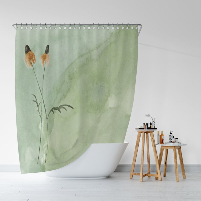 Floral Shower Curtain Watercolor Sage Color Bathroom Panel Etsy