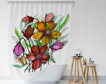 Watercolor Floral shower curtain, Floral bathroom decor, Colorful flowers, Wild flower,  botanical curtain,