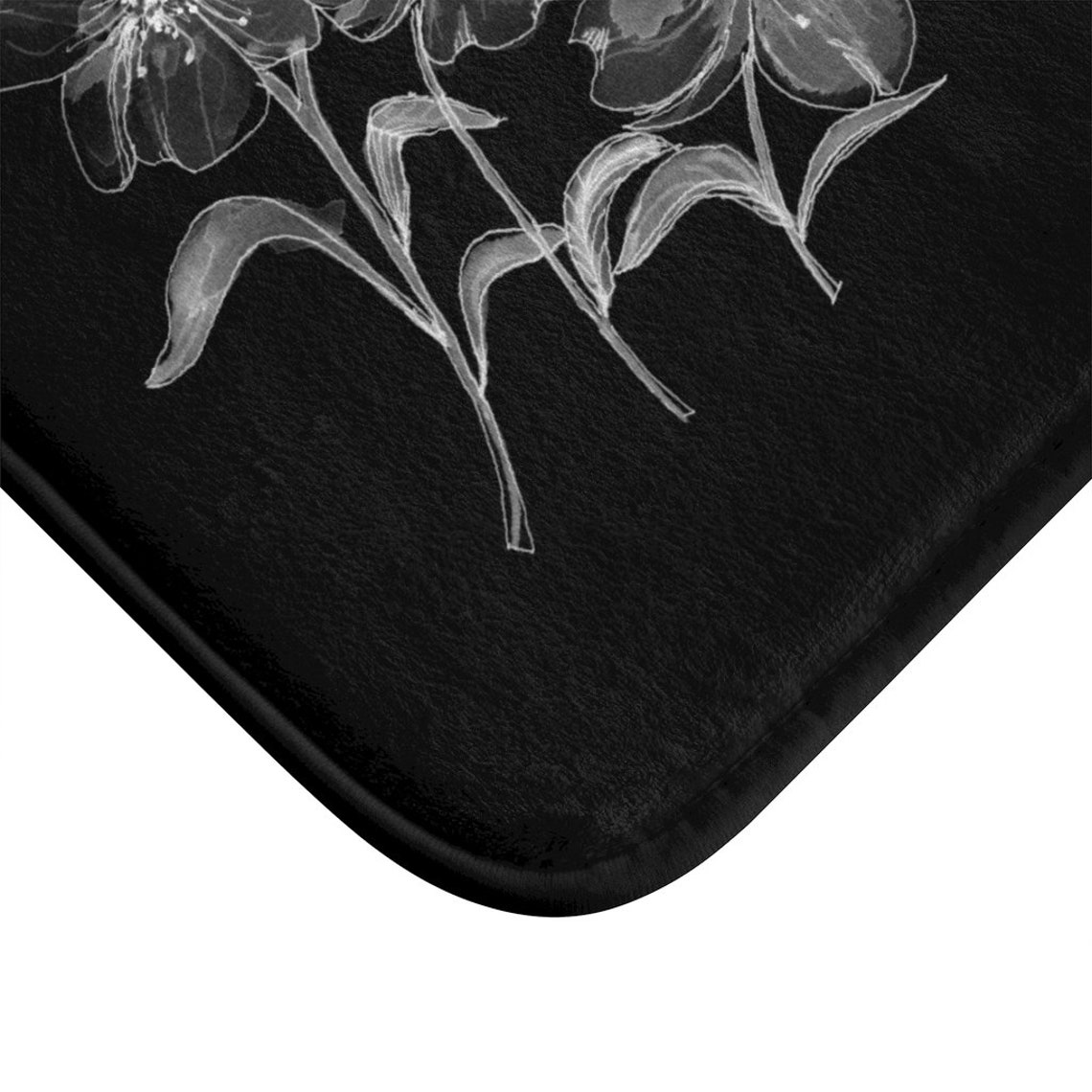 Black & White Floral Bath Mat White Flowers and Leaves Etsy