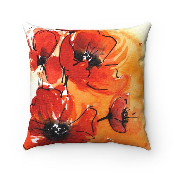 Red Pillow Cover, Poppies Pillow, Red Floral Cushion Case, Decorative Square Pillow Case, Red Poppy Pillow Cover, Farmhouse Pillow Case