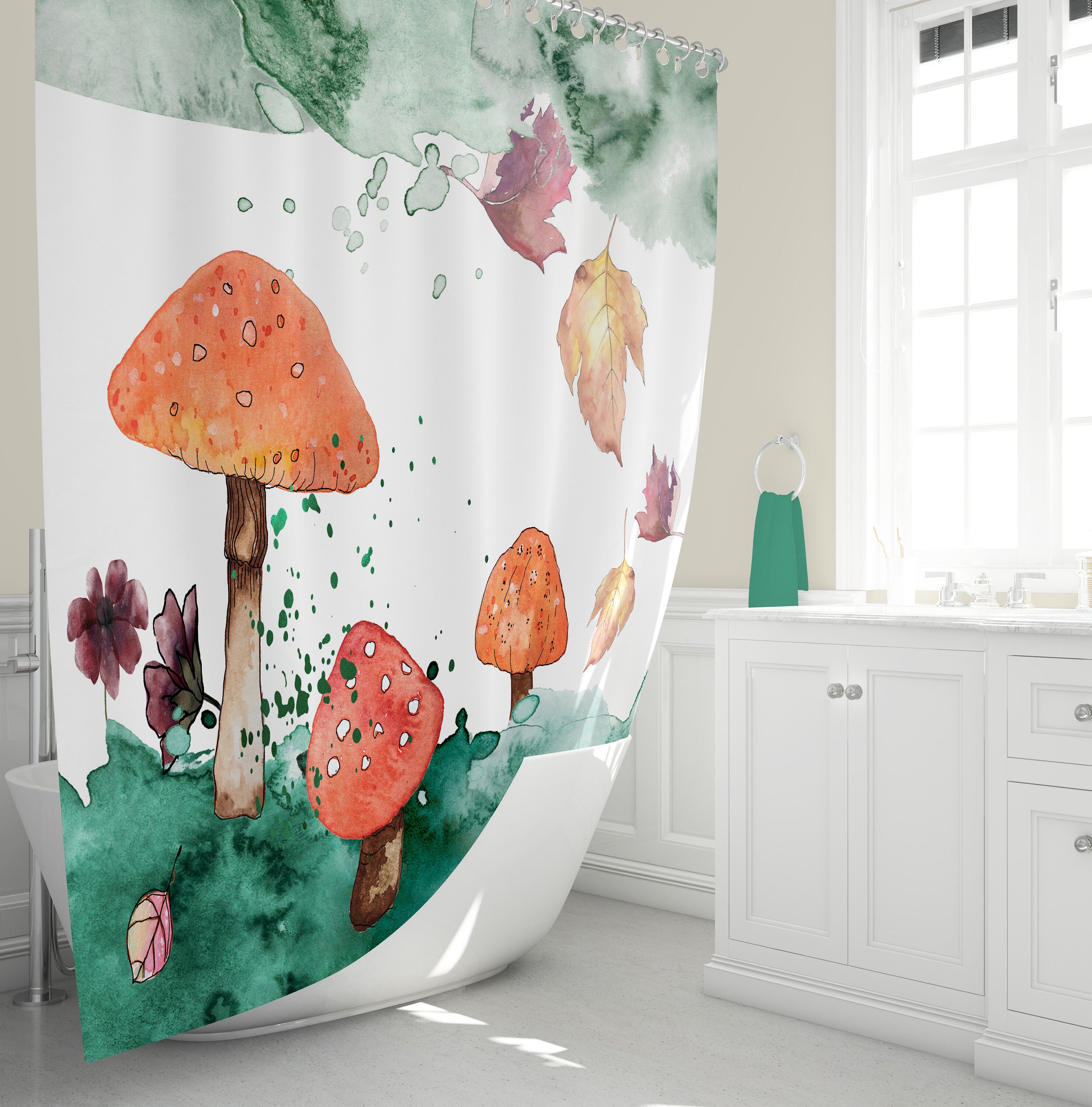 Woodland Mushroom Shower Curtain Watercolor Fall Leaves Etsy