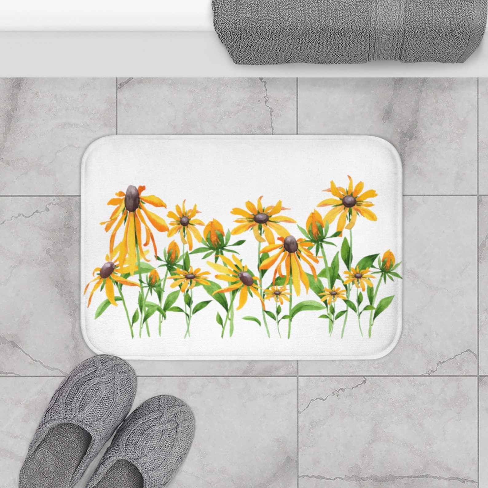 A Field of Sunflowers Bath Mat Watercolor Bath Rug Kitchen | Etsy