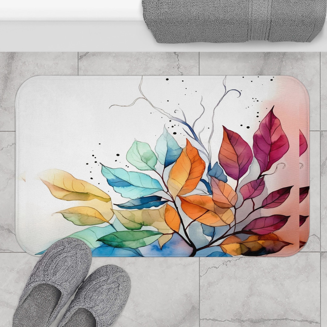 Colorful Leaves Bath Mat, Summer Orange, Red, Blue and Green Bath Mat ...