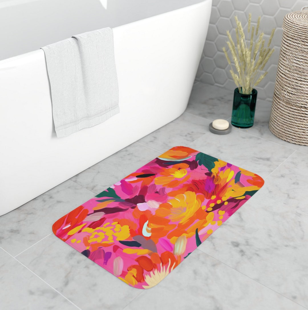 Abstract HOT Pink, Orange and Yellow Bath Mat, Artistic Bath Mat, Bath