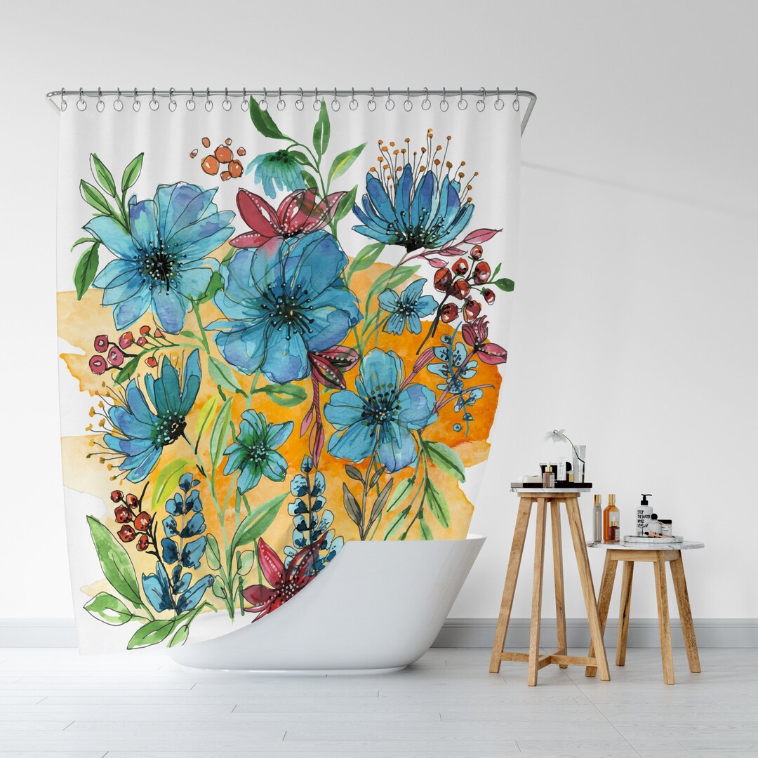 Floral Shower Curtain Blue Flowers and Green Leaves Etsy