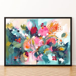 Abstract Printable Wall Art, Colorful Painting Downloadable Art,  Contemporary Wall Art, Abstract Floral Print, Teal Pink Green & Orange,