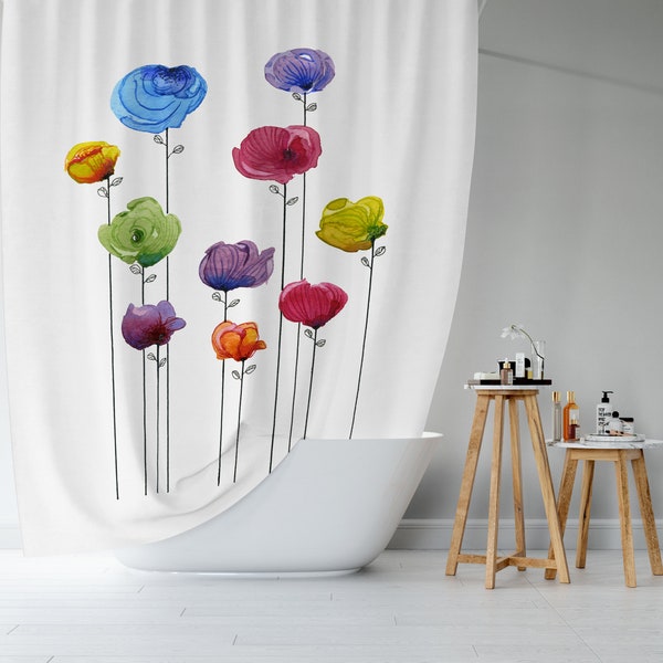 Rideau de douche bohème, 71 x 74 pouces, fleurs aquarelles, orange, jaune, pourpre, rouge, vert et bleu, rideau de douche unique, salle de bain moderne