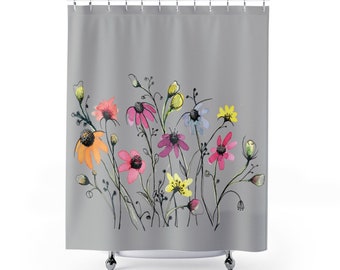 Gray shower curtain,  Colorful daisy flowers garden, Watercolors floral art, Bathroom decor, Botanical floral print