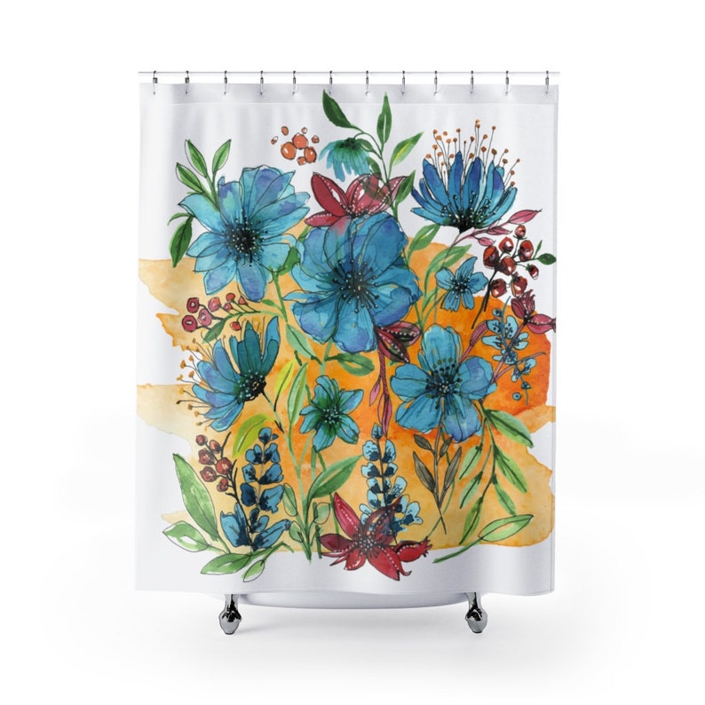 Floral Shower Curtain Blue Flowers and Green Leaves Etsy