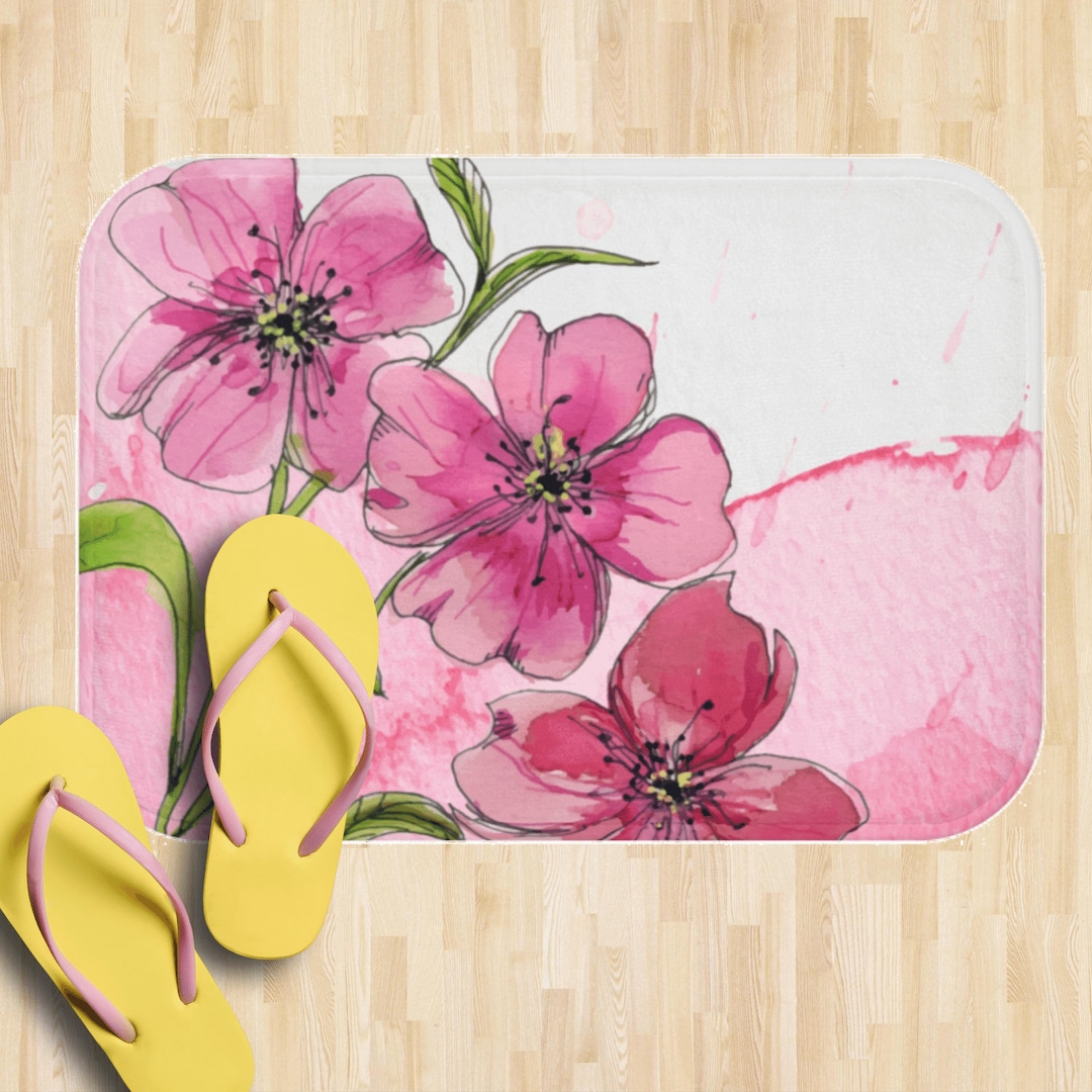 Pink Flowers Bath Mat, Floral Bath Rug, Floral Bathroom Decor