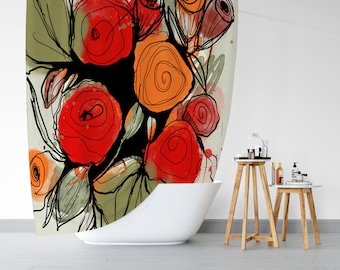Abstract Flowers Shower Curtains, Red Orange, Black and Sage Colors, Modern Floral Bath Curtain,  71x74 in, Boho Shower Curtain, Guest bath