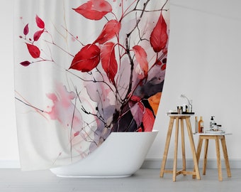 Leaves Shower Curtain, Red, Black and White, 71x74 in, Watercolor Shower Curtain, Nature Inspired Bathroom Decor