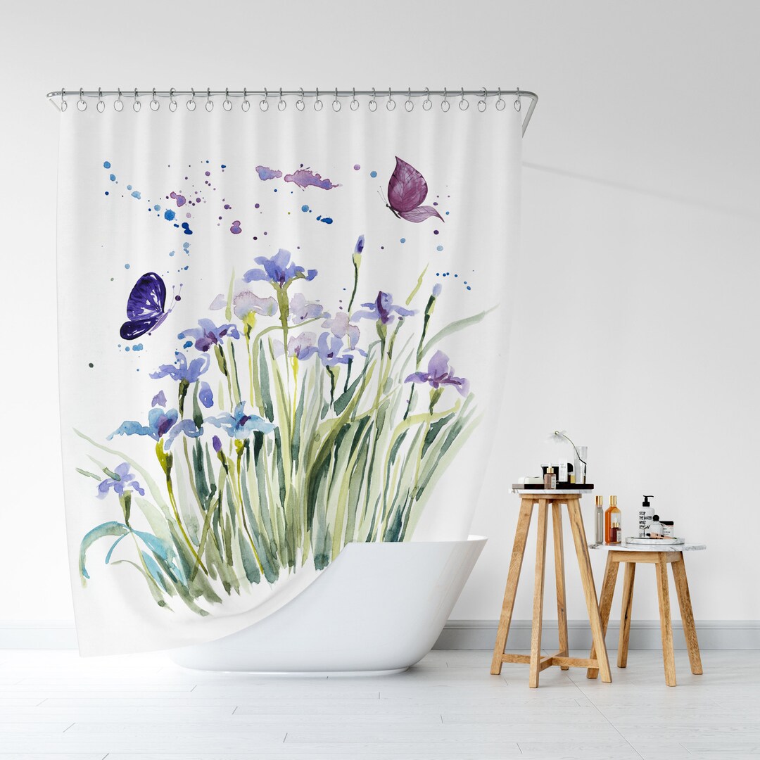 Floral Shower Curtain, Flowers and Butterflies Watercolors, Nature