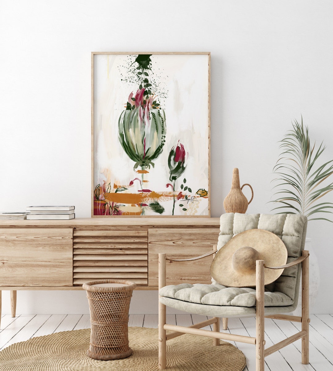 Large Wall Art Green Abstract Flowers Painting Green Etsy