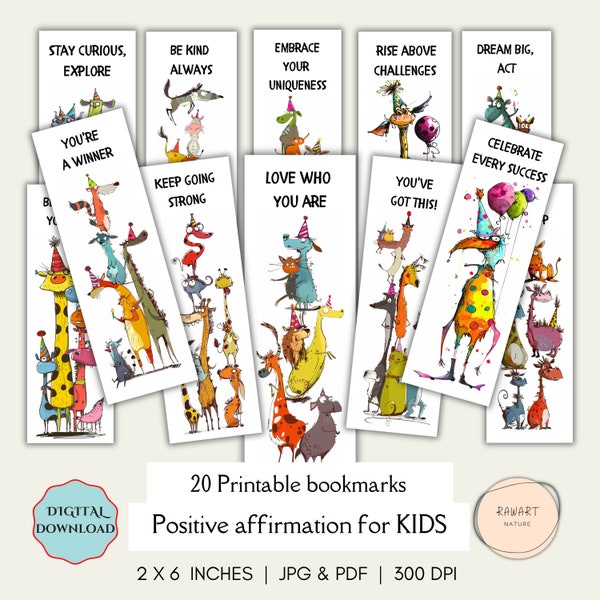 Set of 20 Animal Bookmarks with Affirmative Words for Kids, Printable bookmarks, Whimsical Creatures, Children's gifts, Bookish gifts