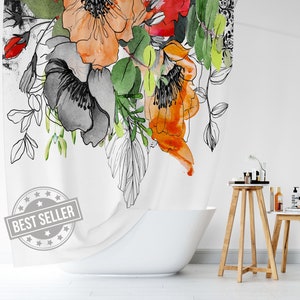 Shower Curtain Boho, Watercolor Leaves and Flowers Shower Curtains,  71x74 in,  Orange, Red, Green and Black