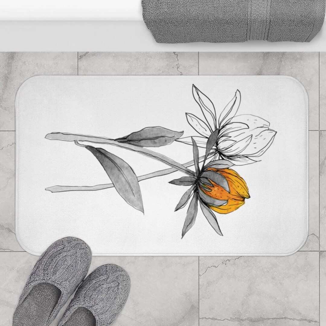 Floral Bath Mat Black and Orange Bathroom Rug Botanical Etsy