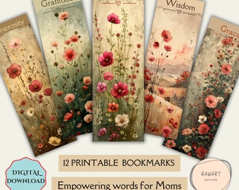 12 Printable Bookmarks , Vintage Flowers in Watercolor, With Empowering Words for Moms,Birthday Gift For Her, Printable Book Accessories