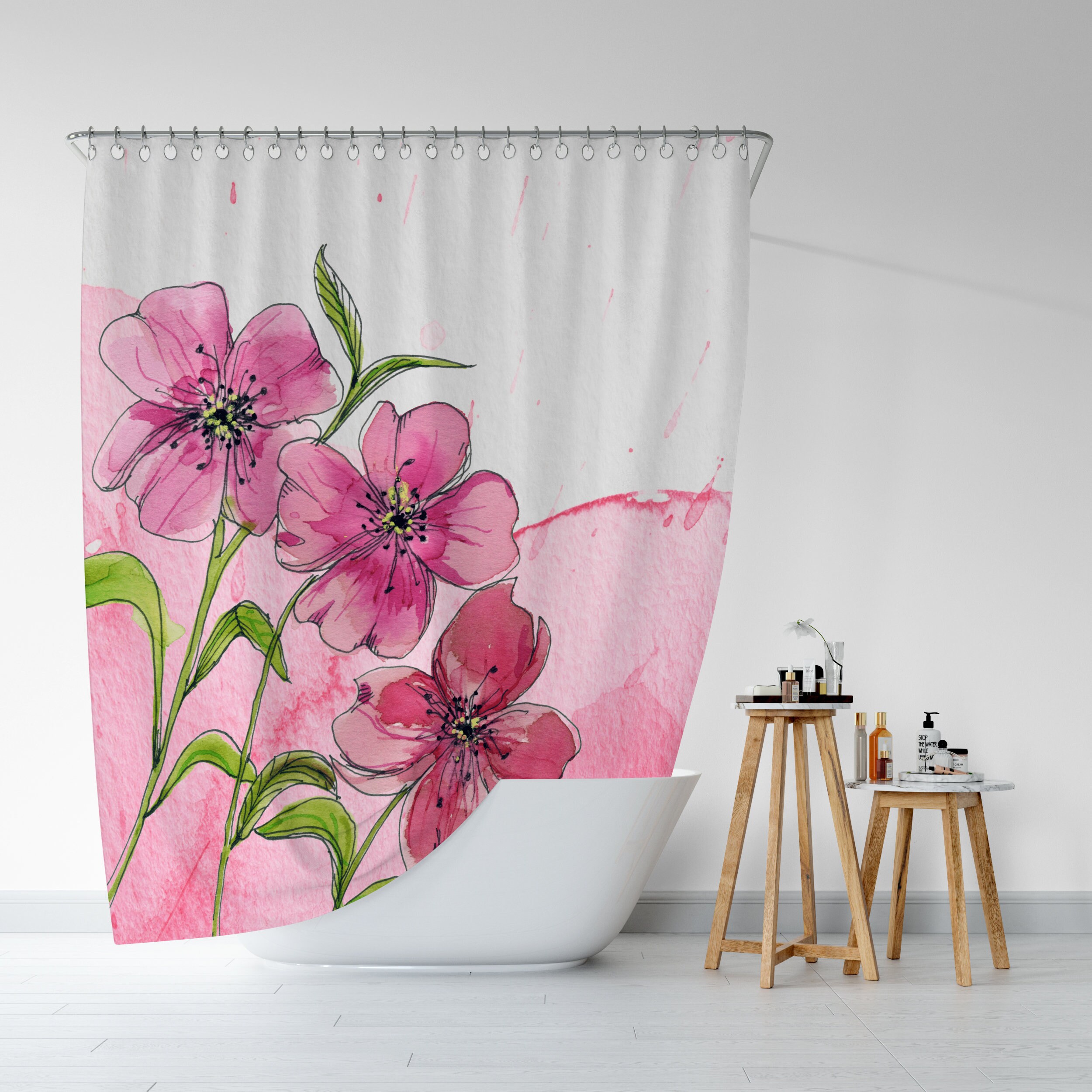 Pink Floral Shower Curtain Floral Bathroom Decor Watercolor Etsy