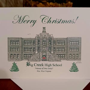 Cartões de Natal e envelopes "Home of the Owls" da Big Creek High School War WV ou impressão fosca do artista Robert Duff Sr. - Escolha abaixo
