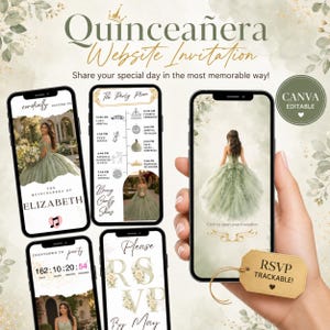 May include: A digital Quinceañera website invitation template featuring multiple smartphone screens displaying event details, a party schedule, a countdown timer, and RSVP options, with sage green floral accents and gold text elements.