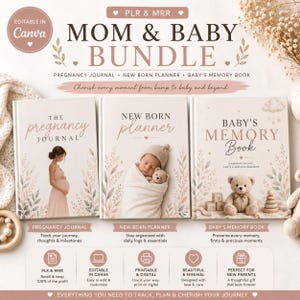 Puede incluir: Un conjunto digital Mom & Baby Bundle que incluye tres libros: The Pregnancy Journal, New Born Planner y Baby's Memory Book. Las portadas muestran ilustraciones florales suaves, una persona embarazada, un bebé envuelto y un oso de peluche.