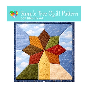 May include: A colorful quilt pattern featuring a star-shaped tree design. The tree is composed of various fabric patterns in shades of brown, green, and yellow, set against a blue sky background. The text "Simple Tree Quilt Pattern" is displayed at the top.