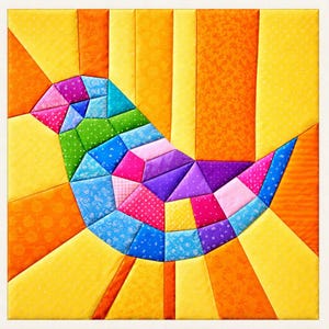 May include: A colorful patchwork bird design with a geometric pattern. The bird is composed of various fabric pieces in shades of blue, green, pink, purple, and yellow. The background features a radiating sunburst pattern in orange and yellow.
