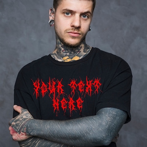 Camiseta personalizada com banda de metal - Adicione seu próprio texto - Camiseta personalizada - Camisetas personalizadas Camiseta unissex de manga curta.