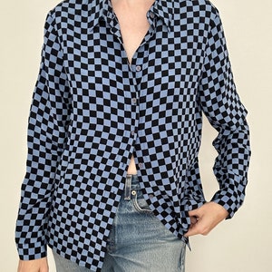 Vintage silk checkerboard blouse | blue black checkered pattern collared button up shirt 90s S M 10