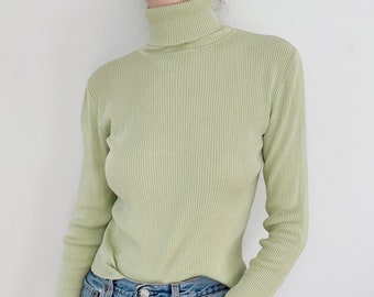 Vintage silk ribbed turtleneck | pistachio mint green slinky sweater cotton blend 90s Ann Taylor size small S M