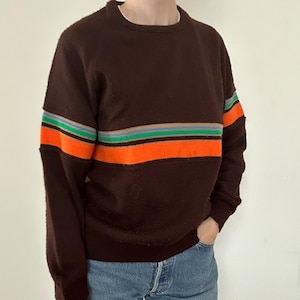 True vintage 70s ski sweater | brown orange green stripe round neck cozy knit men’s women’s SM