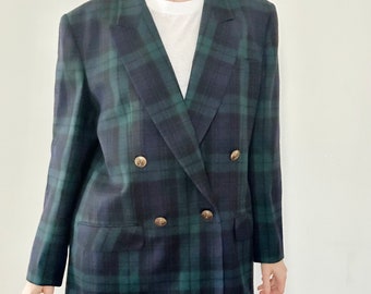 blazer en laine à carreaux vintage | croisé bleu vert noir montre tartan surdimensionné années 80 90 M L XL