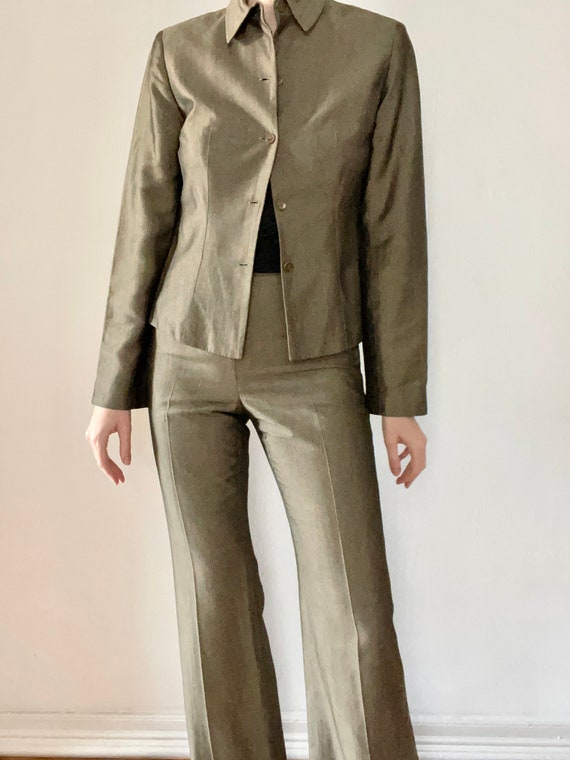 Vintage 90s pant suit | silk blend olive green hi… - image 7