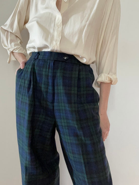 Vintage 90s Plaid Wool Pants Green Blue 