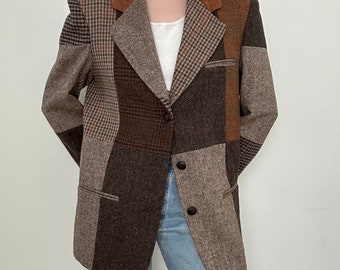 Vintage patchwork wool blazer | brown plaid houndstooth patterned button down collared jacket preppy dark academia S M