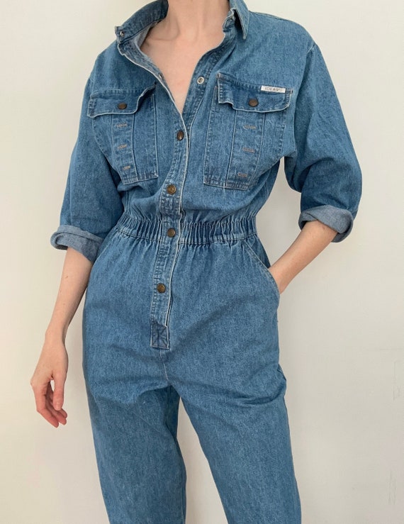 Vintage Denim Jumpsuit Mid Blue Wash Overalls Boiler Suit Romper