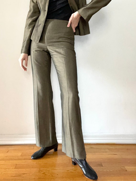 Vintage 90s pant suit | silk blend olive green hi… - image 4