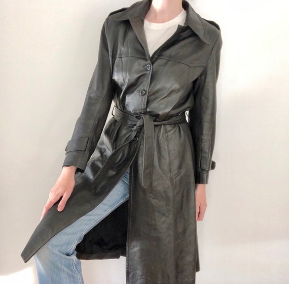 Vintage 70s leather trench jacket black big point